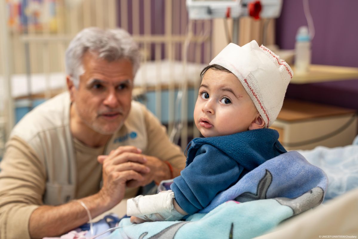 A baby receives care in hospital after being injured during renewed violence in Lebanon. Hundreds of children have been hurt as hostilities escalate, leaving families in urgent need of protection and support. 