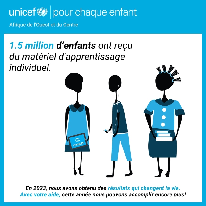 1.5 million d’enfants ont reçu du matériel d'apprentissage individuel - UNICEF Afrique de l'Ouest et du Centre - Résultats porteurs de changement pour 2023