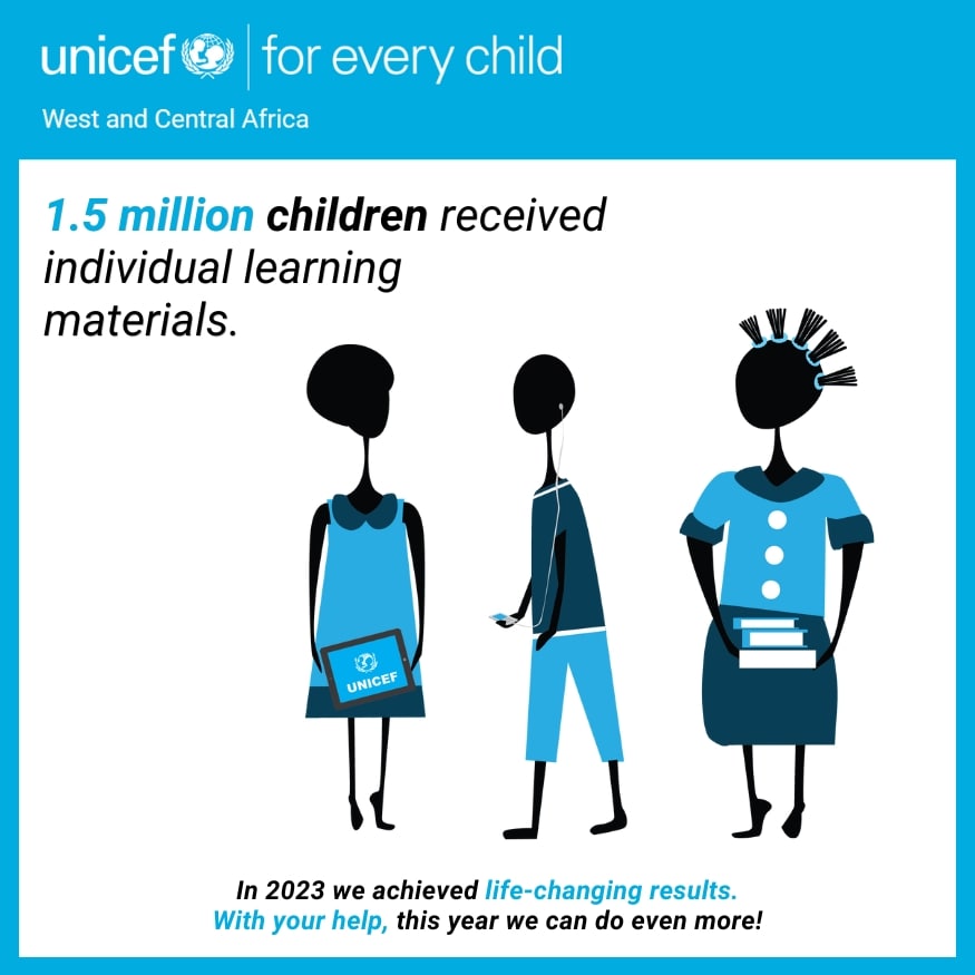1.5 million children received individual learning materials - UNICEF West and Central Africa 2023 life-changing results